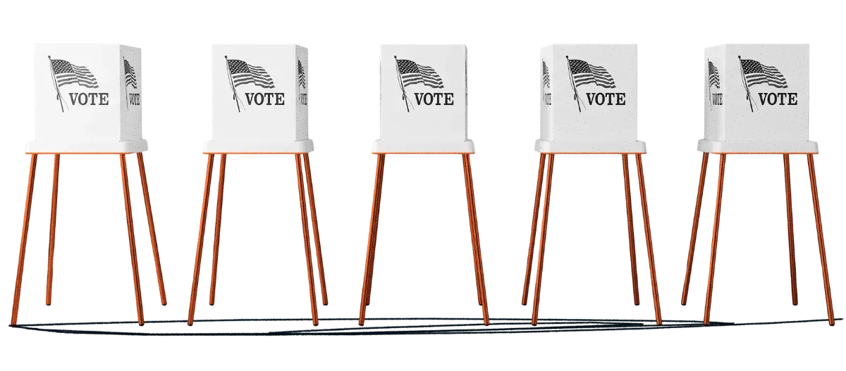 Row of five empty voting booths marked with the American flag and the word VOTE